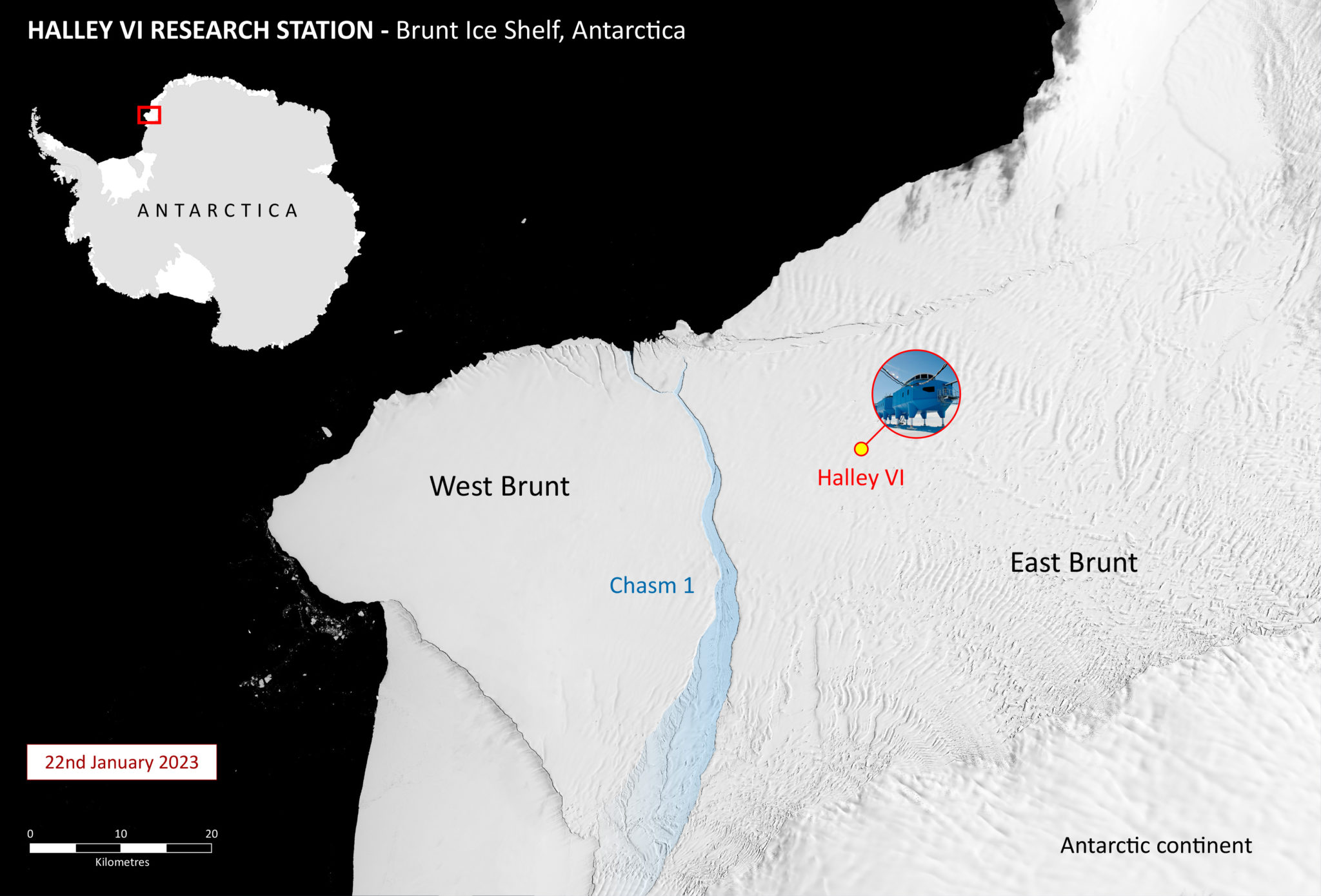 Brunt Ice Shelf in Antarctica calves giant iceberg British Antarctic