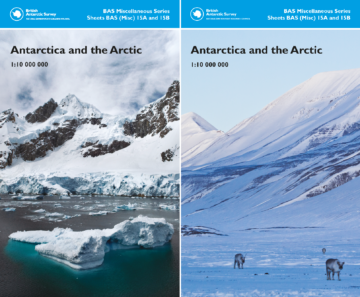 The 2 front covers of the Antarctic and Arctic map showing a snowy mountain scene and some reindeer
