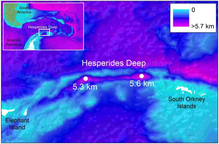 A map showing the location and depth of the Hesperides Deep between the tip of South America and Antarctica. The Hesperides Deep is marked as being 5.3km and 5.6km at either end of the trench.
