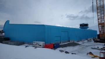 Newly built blue building in Antarctica