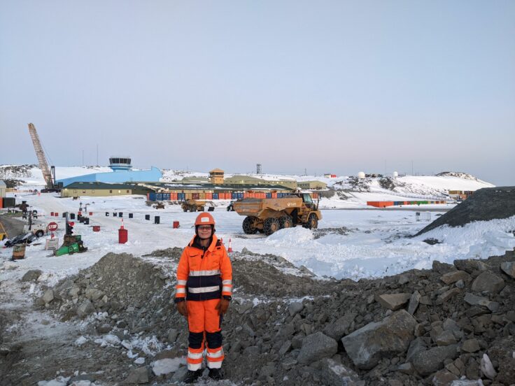 Connie Pang working in the construction site at Rothera Research Station
