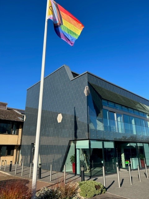 The Progressive Polar Pride flag displayed outside BAS Cambridge HQ