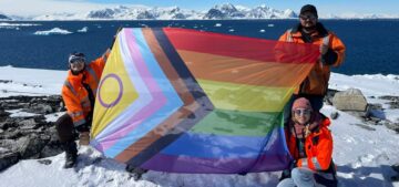 Photo of staff at Rothera Research Station displaying the Pride flag