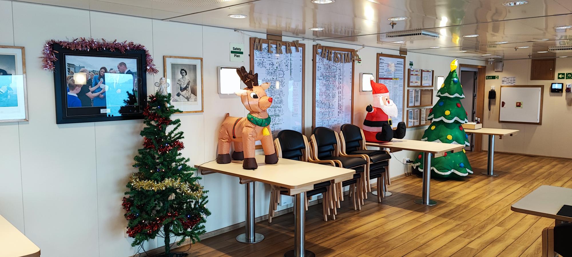 Christmas decorations on the RRS Sir David Attenborough