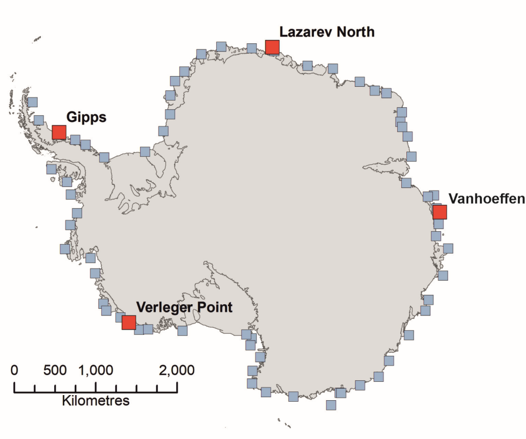 Map showing locations of emperor penguin colonies
