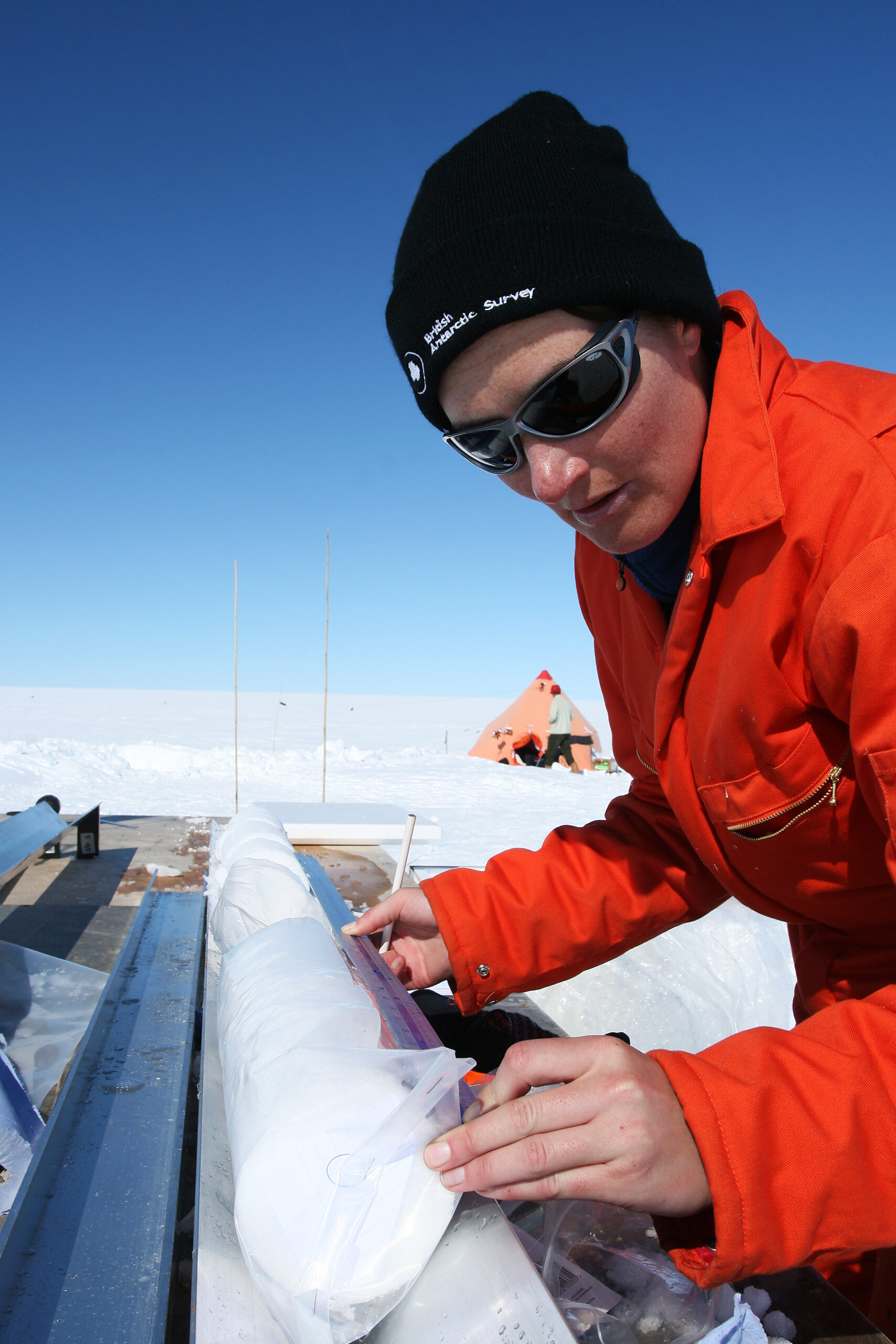 A person wearing sunglasses looks at a core of ice