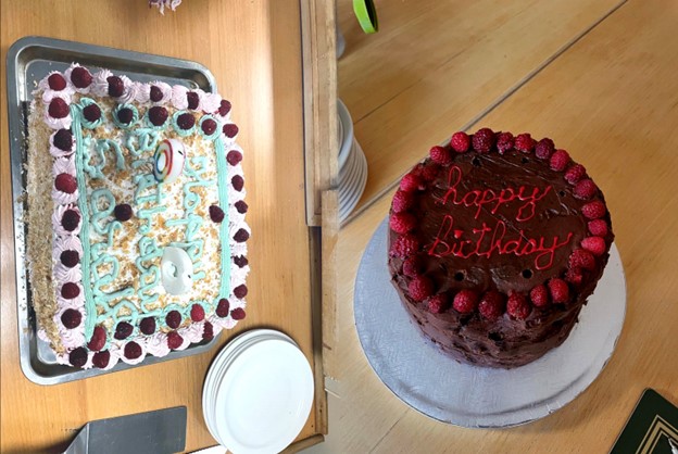 A cake sitting on top of a wooden table