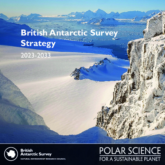 Front cover of BAS Strategy document. Image is a close up of a snow covered mountain