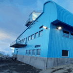 A building next to a body of water