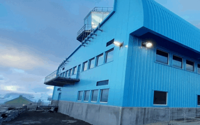 A building next to a body of water