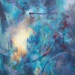 Painting by Rowan Huntley. Blues and pinks with a patch of bright pale yellow towards the left.