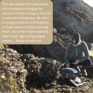 A lady crouching by a rock.