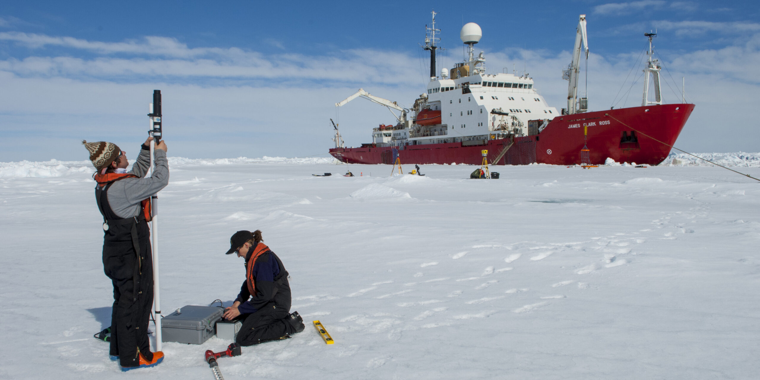 RRS James Clark Ross, in thick pack ice diruing the IceBell Cruise in the Bellingshausen Sea, Antarctica