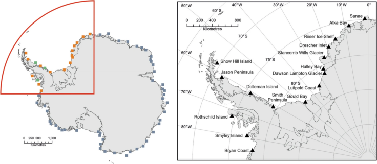 
In the left panel orange squares show the 16 sites included in this study, green squares are sites with insufficient data, and grey squares represent colonies outside. In the right panel, the site names for the colonies included in this study.