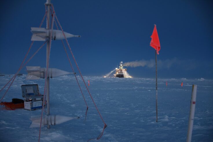 A group of people skiing on the snow