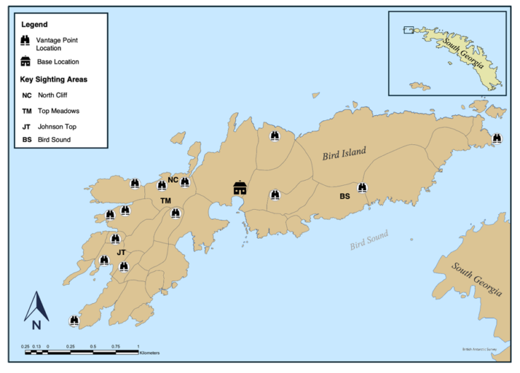 Map showing location of Bird Island, and most common sighting locations