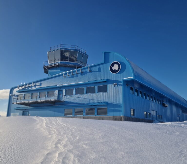 A large building in the snow