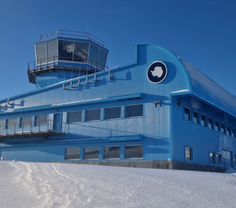 A large building in the snow