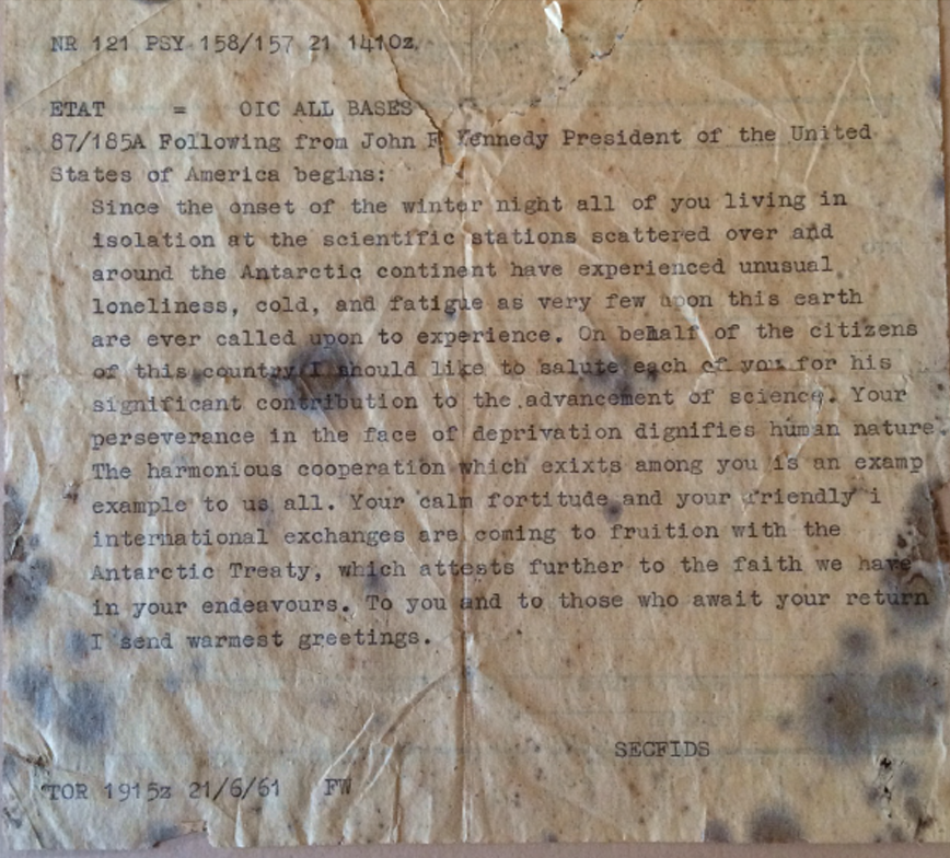 A creased and slightly stained letter from US President John F Kennedy