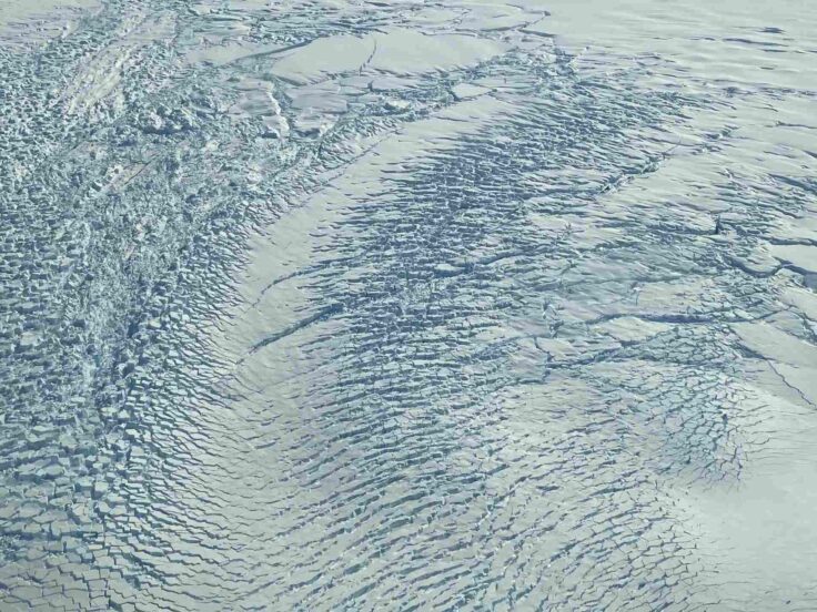 Looking down on a large ice field.