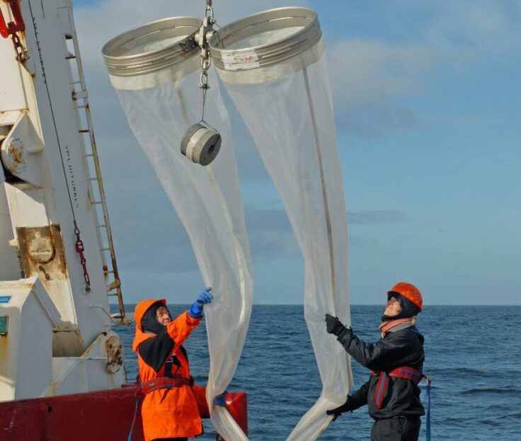 Towed bongo nets on the back deck of RRS James Clark Ross on cruise JR177 in the Southern Ocean.